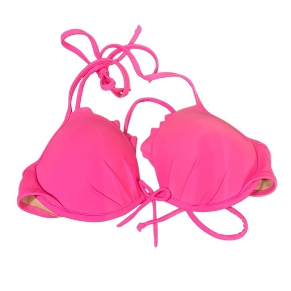 VICTORIA’S Secret Size 34B Bright Pink Bikini Top Ruffle Padded Strap - Picture 2 of 6